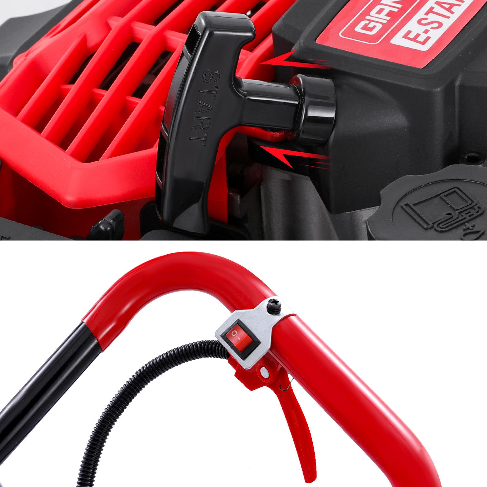 Giantz 65CC Post Hole Digger Motor Only Petrol Engine Red with a red handle frame, white fuel tank, black engine, and advanced gearbox design. The tool has a compact design and heavy-duty construction, perfect for drilling holes in the ground for posts.