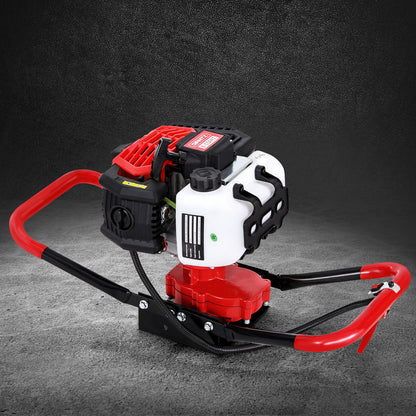 Giantz 65CC Post Hole Digger Motor Only Petrol Engine Red with a red handle frame, white fuel tank, black engine, and advanced gearbox design. The tool has a compact design and heavy-duty construction, perfect for drilling holes in the ground for posts.