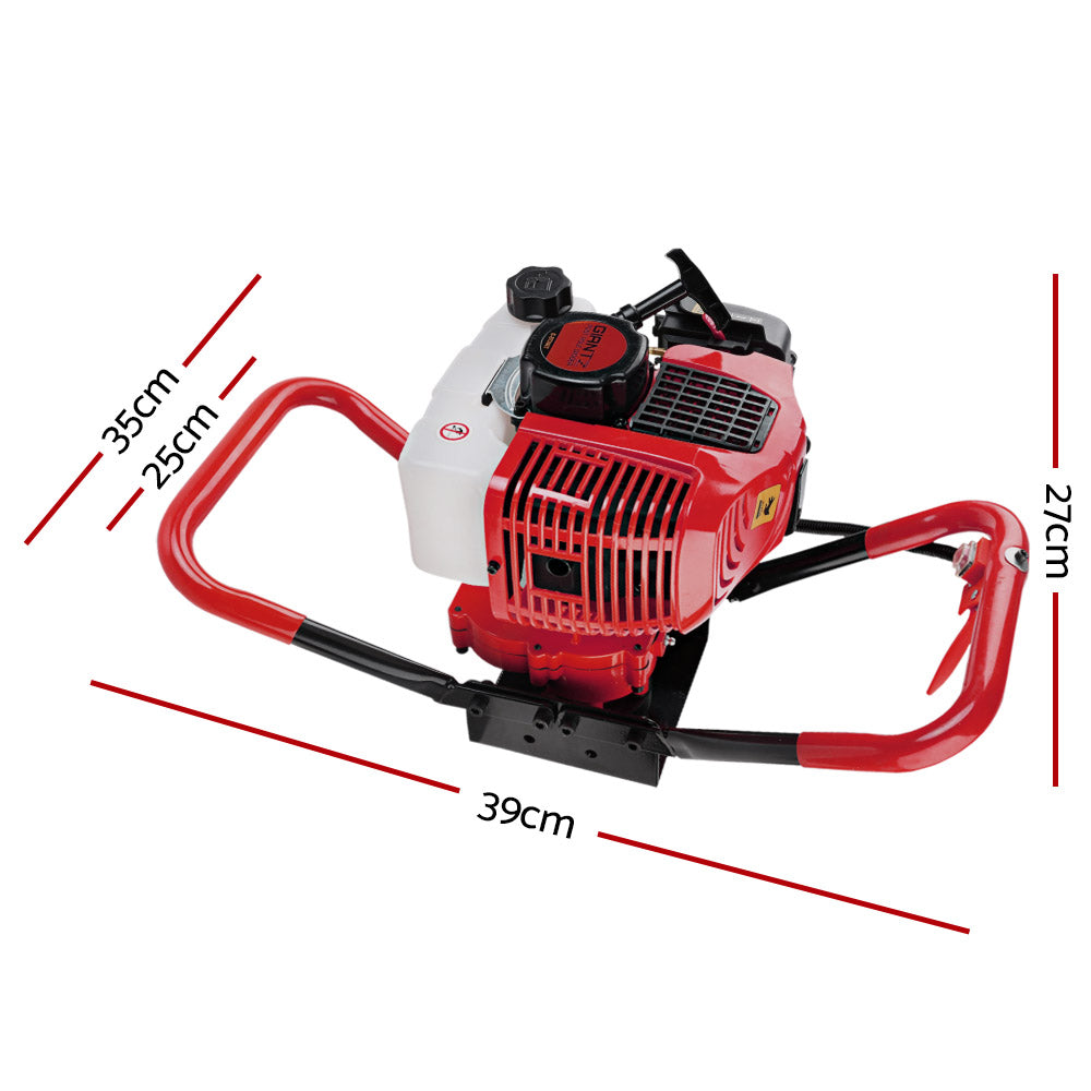 Image of a red and white gas-powered earth auger. It features a cylindrical body with a Giantz 66CC Post Hole Digger Motor Only Petrol Engine Red casing, a black fuel cap on top, and a pair of red, U-shaped handles for grip and control. The auger bit is not visible in the image.