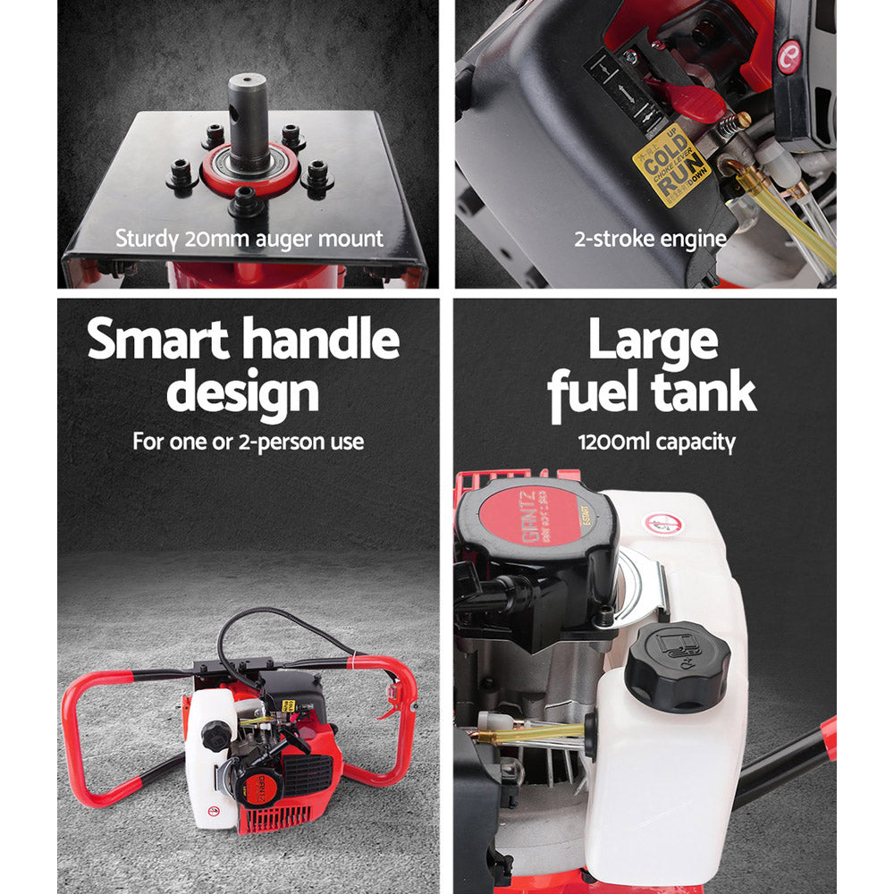 Image of a red and white gas-powered earth auger. It features a cylindrical body with a Giantz 66CC Post Hole Digger Motor Only Petrol Engine Red casing, a black fuel cap on top, and a pair of red, U-shaped handles for grip and control. The auger bit is not visible in the image.