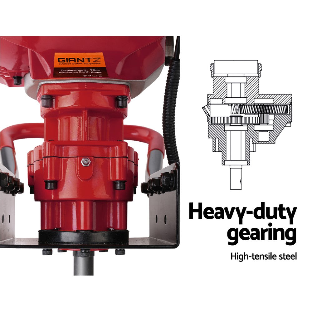 A Giantz 66CC Post Hole Digger 200mm Petrol Drill Extension Auger Bits, featuring a high torque 66CC engine and reinforced auger and extension, with black handles and a large spiral drill bit. Designed for drilling holes into the ground, it is perfect for planting trees or setting fence posts. The red auger is angled against a white background.