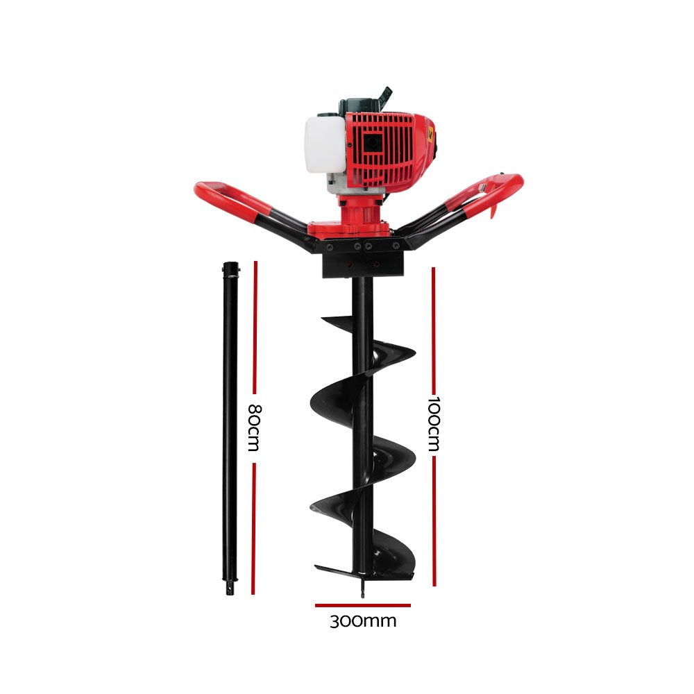 A red and black Giantz 66CC Post Hole Digger 300mm Petrol Drill Extension Auger Bits with a large helical drill bit attached, featuring a robust 66CC 2-stroke engine and handles for manual operation. An additional drill bit extension sits beside the Giantz 66CC Post Hole Digger on a plain white background.