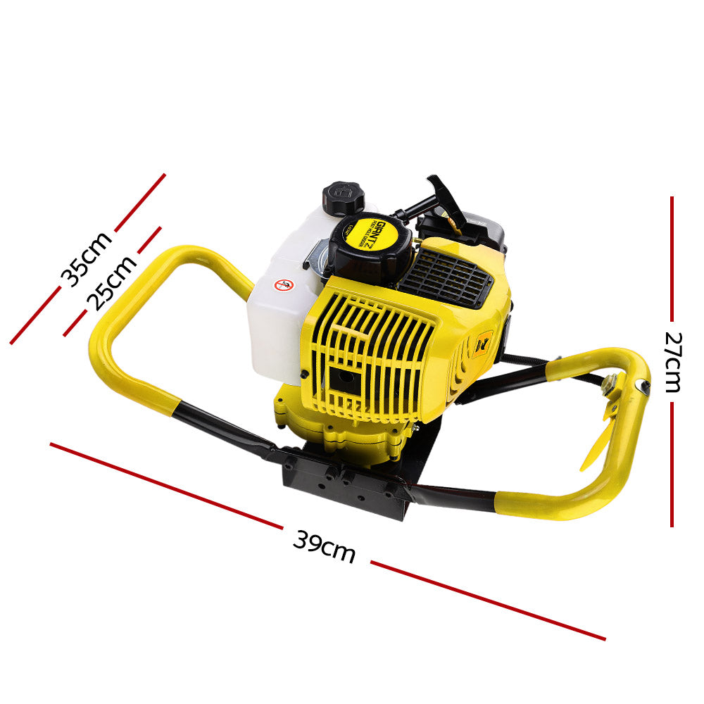 A yellow and white Giantz 80CC Post Hole Digger Motor Only Petrol Engine Yellow with black handle grips. This gas-powered machine, boasting an advanced vertical gearbox and heavy-duty steel construction, has a gas tank on the top side and robust metal framework for stability during use. The brand label reads "Stihl" in black.