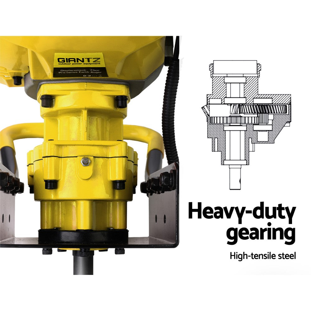 A yellow and white Giantz 80CC Post Hole Digger Motor Only Petrol Engine Yellow with black handle grips. This gas-powered machine, boasting an advanced vertical gearbox and heavy-duty steel construction, has a gas tank on the top side and robust metal framework for stability during use. The brand label reads "Stihl" in black.