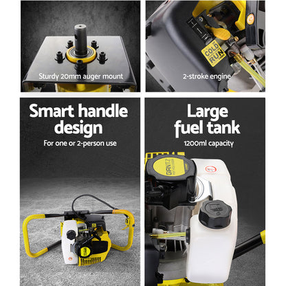 A yellow and white Giantz 80CC Post Hole Digger Motor Only Petrol Engine Yellow with black handle grips. This gas-powered machine, boasting an advanced vertical gearbox and heavy-duty steel construction, has a gas tank on the top side and robust metal framework for stability during use. The brand label reads "Stihl" in black.