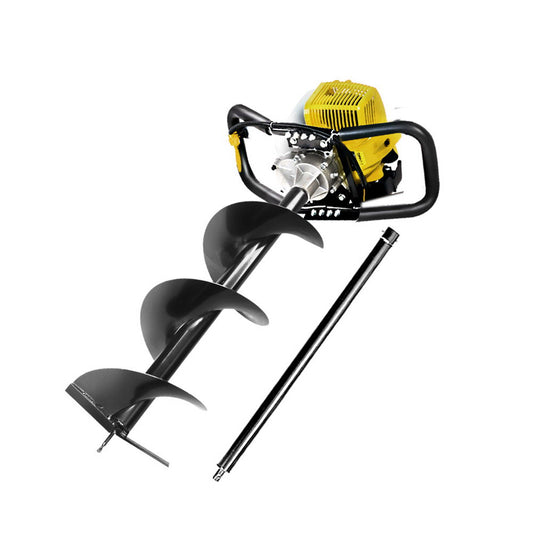 The Giantz 80CC Post Hole Digger 300mm Petrol Drill Auger Extension Bits features a robust 80CC 2-stroke petrol engine and reinforced augers, making it ideal for drilling holes into the ground for planting trees or installing fence posts. It boasts a black spiral drill bit attached to a yellow motor and handle assembly.