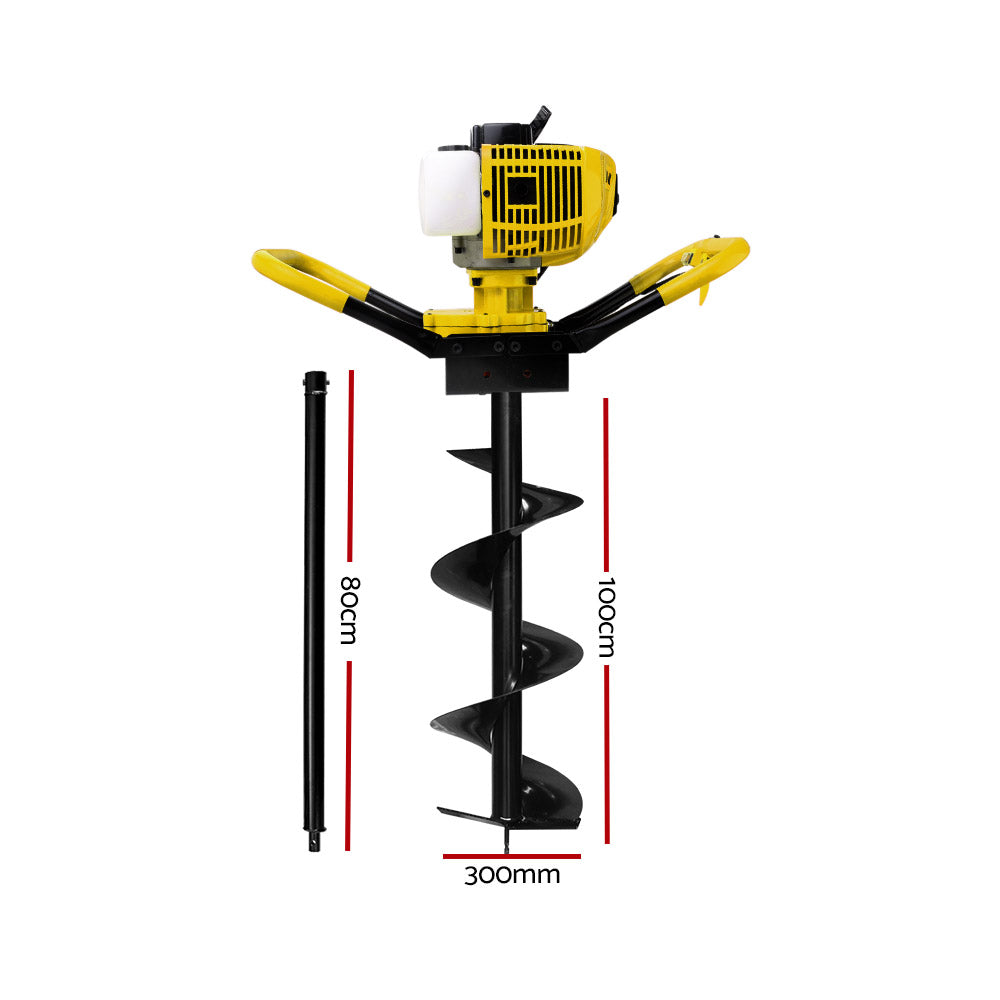 The Giantz 80CC Post Hole Digger 300mm Petrol Drill Auger Extension Bits features a robust 80CC 2-stroke petrol engine and reinforced augers, making it ideal for drilling holes into the ground for planting trees or installing fence posts. It boasts a black spiral drill bit attached to a yellow motor and handle assembly.