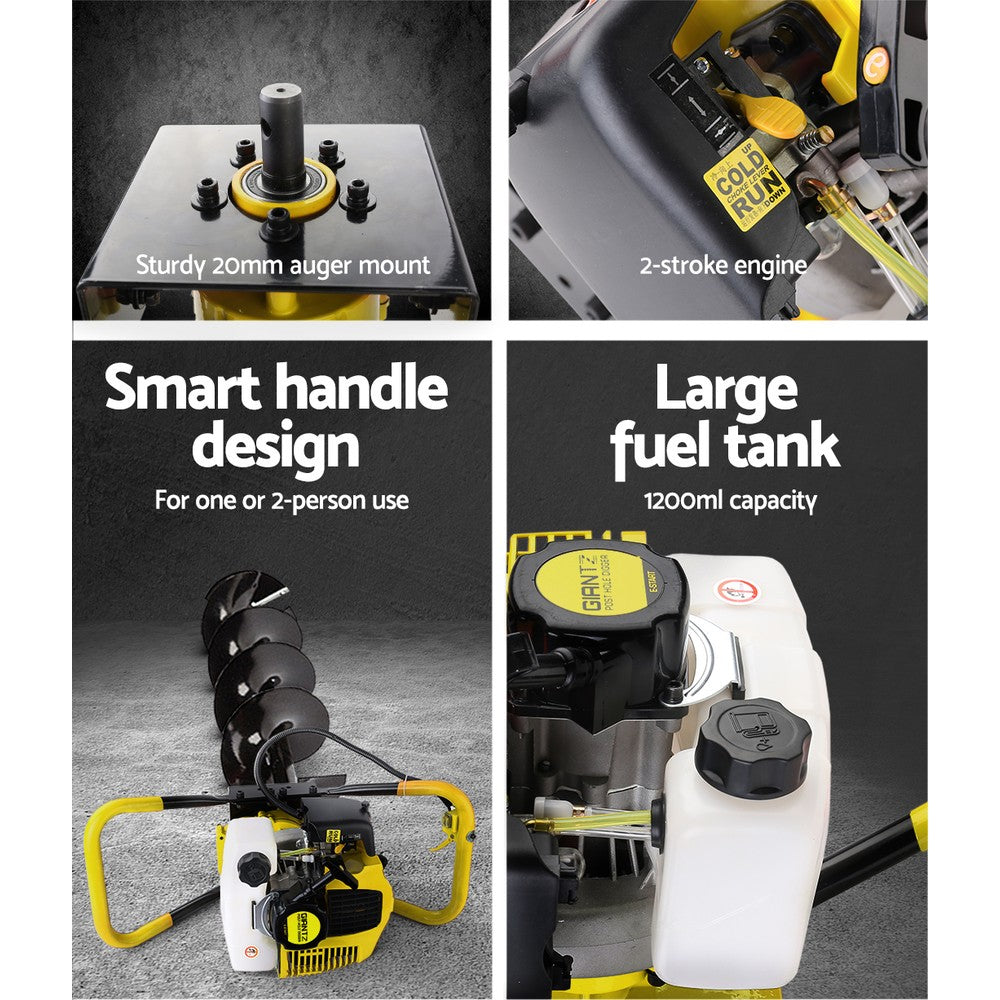 The Giantz 80CC Post Hole Digger 300mm Petrol Drill Auger Extension Bits features a robust 80CC 2-stroke petrol engine and reinforced augers, making it ideal for drilling holes into the ground for planting trees or installing fence posts. It boasts a black spiral drill bit attached to a yellow motor and handle assembly.