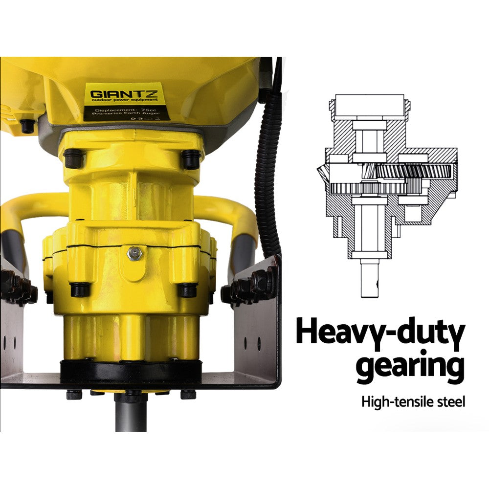 The Giantz 80CC Post Hole Digger 300mm Petrol Drill Auger Extension Bits features a robust 80CC 2-stroke petrol engine and reinforced augers, making it ideal for drilling holes into the ground for planting trees or installing fence posts. It boasts a black spiral drill bit attached to a yellow motor and handle assembly.