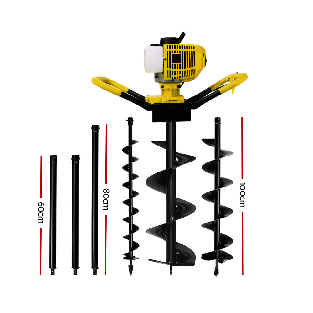 A close-up image of a yellow ventilation device with a large vent, emphasizing durability. The text reads "Good ventilation: Large vent ensures smooth air flow," and "Premium housing." An inset shows a finger pressing on the vent. The solid 20mm auger mount and Giantz 80CC Petrol Post Hole Digger Drill Auger Extension Bits feature an 80CC 2-stroke petrol engine.