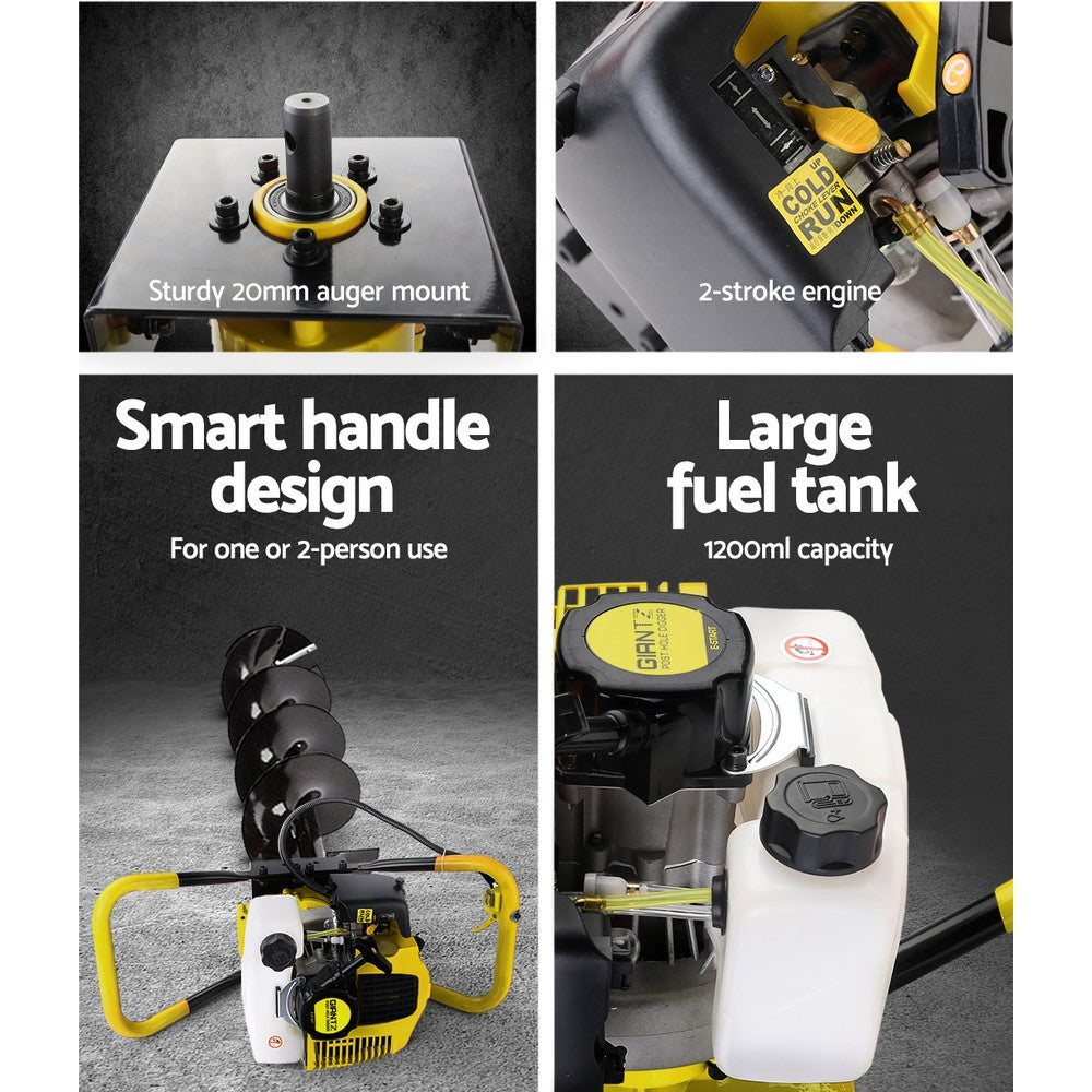 A close-up image of a yellow ventilation device with a large vent, emphasizing durability. The text reads "Good ventilation: Large vent ensures smooth air flow," and "Premium housing." An inset shows a finger pressing on the vent. The solid 20mm auger mount and Giantz 80CC Petrol Post Hole Digger Drill Auger Extension Bits feature an 80CC 2-stroke petrol engine.