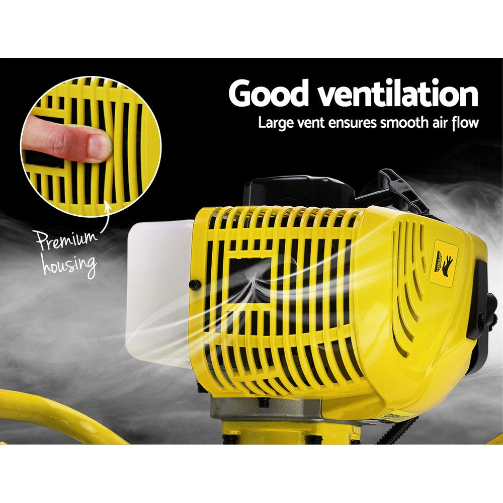 A close-up image of a yellow ventilation device with a large vent, emphasizing durability. The text reads "Good ventilation: Large vent ensures smooth air flow," and "Premium housing." An inset shows a finger pressing on the vent. The solid 20mm auger mount and Giantz 80CC Petrol Post Hole Digger Drill Auger Extension Bits feature an 80CC 2-stroke petrol engine.