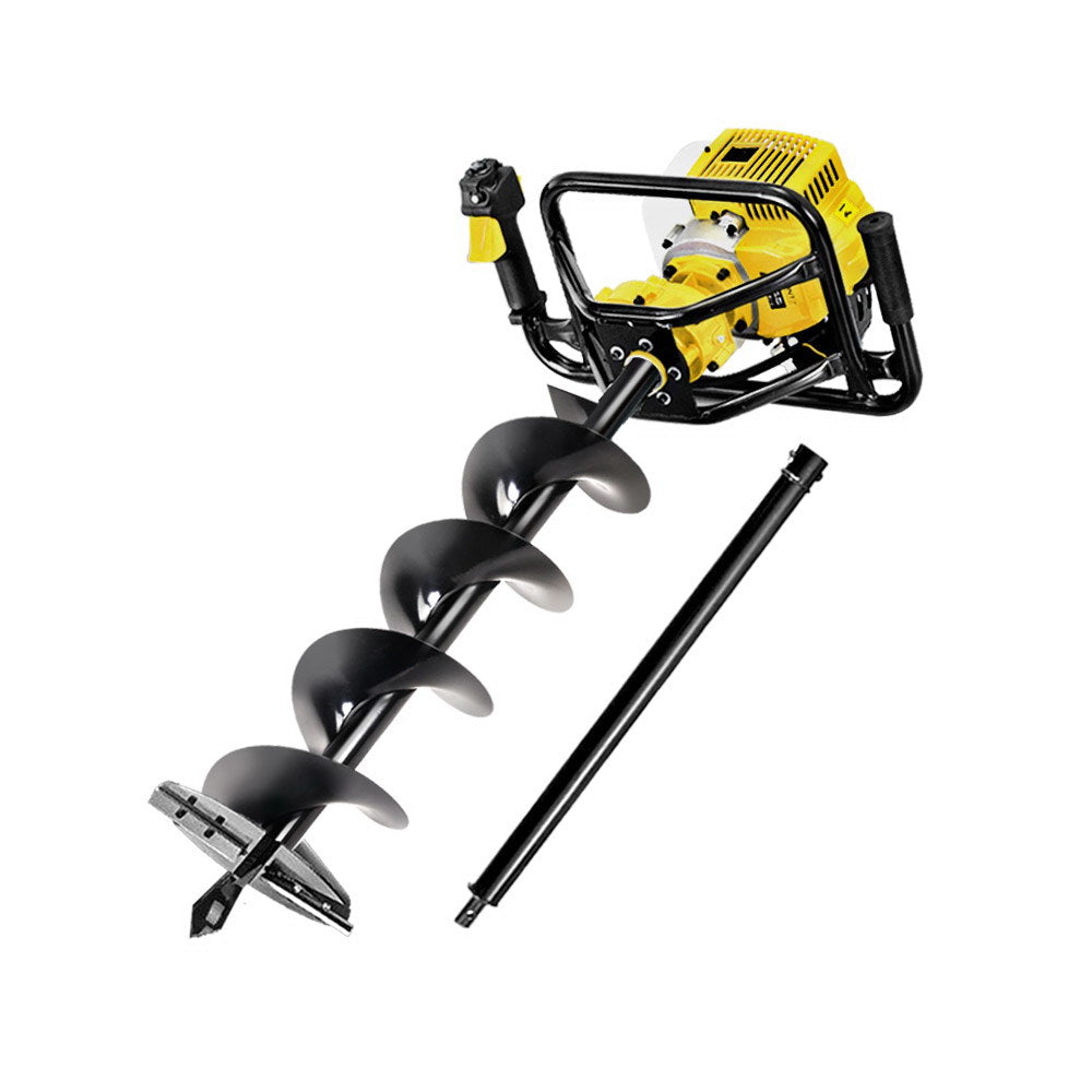 A yellow and black handheld Giantz 90CC Post Hole Digger 200mm Petrol Drill Auger Extension Bits with a large spiral drill bit attached to a robust metal frame. Featuring a reliable petrol engine, this post hole borer is ideal for digging holes in the ground, perfect for planting trees, setting up fence posts, or other outdoor projects.