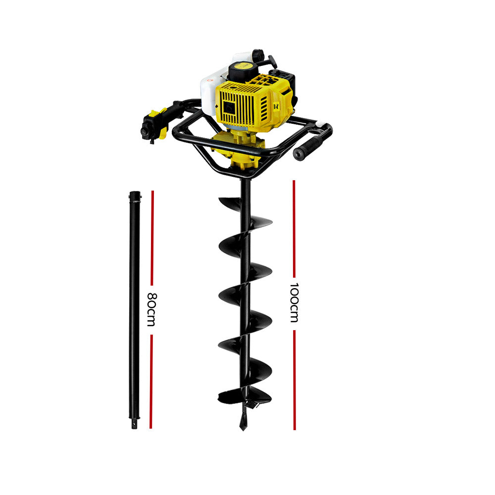 A yellow and black handheld Giantz 90CC Post Hole Digger 200mm Petrol Drill Auger Extension Bits with a large spiral drill bit attached to a robust metal frame. Featuring a reliable petrol engine, this post hole borer is ideal for digging holes in the ground, perfect for planting trees, setting up fence posts, or other outdoor projects.