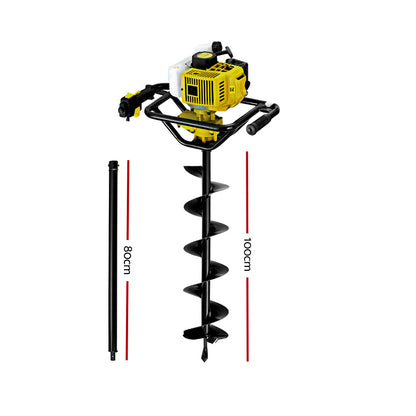 A yellow and black handheld Giantz 90CC Post Hole Digger 200mm Petrol Drill Auger Extension Bits with a large spiral drill bit attached to a robust metal frame. Featuring a reliable petrol engine, this post hole borer is ideal for digging holes in the ground, perfect for planting trees, setting up fence posts, or other outdoor projects.