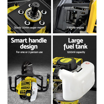 A yellow and black handheld Giantz 90CC Post Hole Digger 200mm Petrol Drill Auger Extension Bits with a large spiral drill bit attached to a robust metal frame. Featuring a reliable petrol engine, this post hole borer is ideal for digging holes in the ground, perfect for planting trees, setting up fence posts, or other outdoor projects.