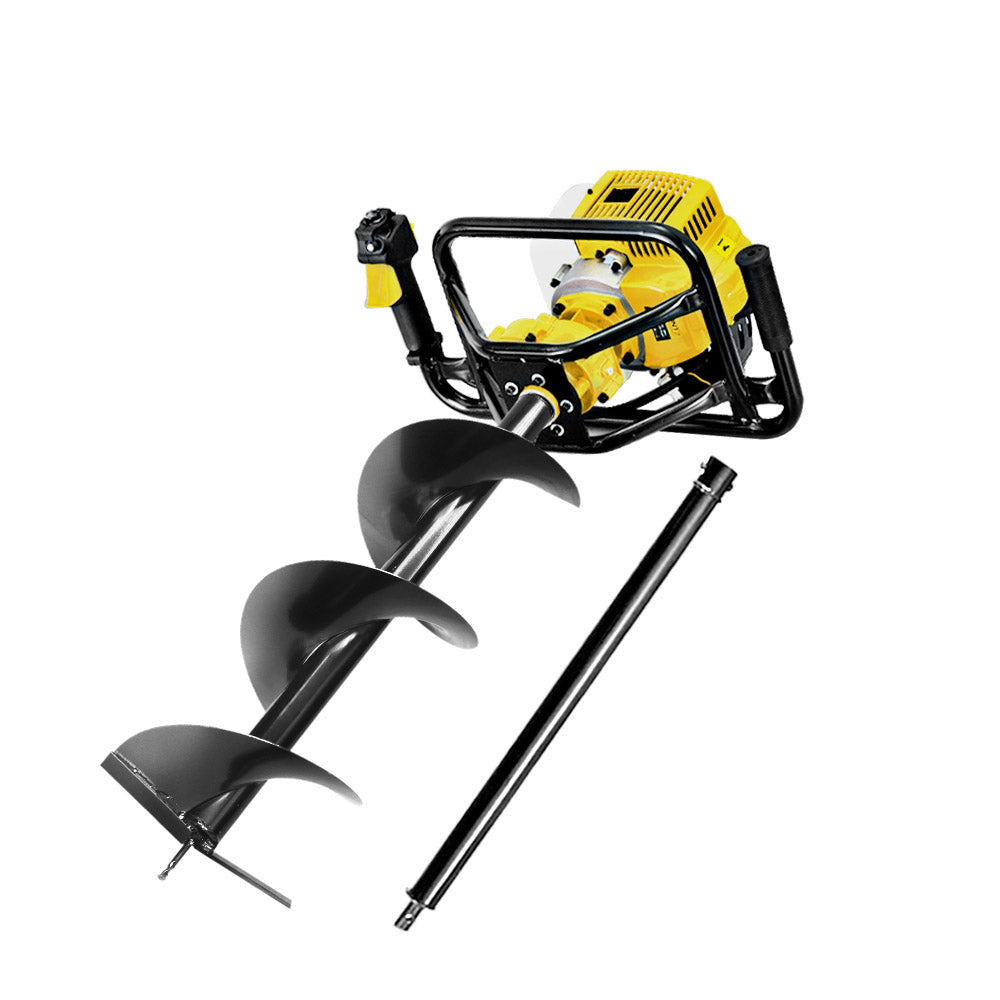 A heavy-duty, yellow and black air-cooled 2-stroke petrol engine. The image features text highlighting its "Class-leading power". The Giantz 92CC Post Hole Digger 300mm Petrol Drill Auger Extension Bits boasts a robust design with a handle for portability and various control knobs, making it an ideal choice for a Petrol Post Hole Borer.