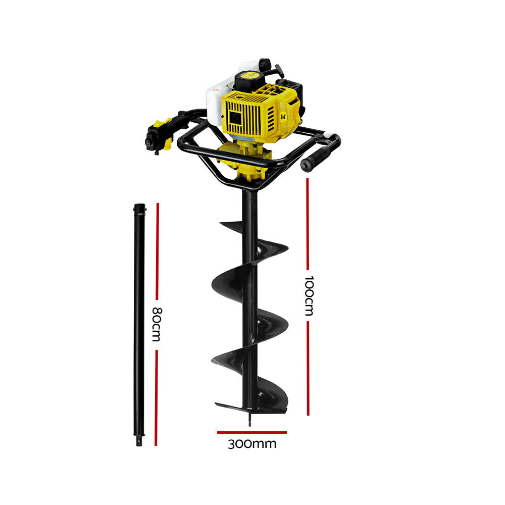 A heavy-duty, yellow and black air-cooled 2-stroke petrol engine. The image features text highlighting its "Class-leading power". The Giantz 92CC Post Hole Digger 300mm Petrol Drill Auger Extension Bits boasts a robust design with a handle for portability and various control knobs, making it an ideal choice for a Petrol Post Hole Borer.