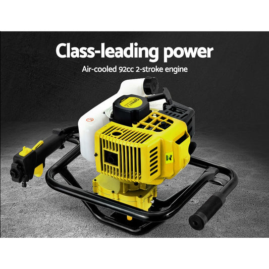 A heavy-duty, yellow and black air-cooled 2-stroke petrol engine. The image features text highlighting its "Class-leading power". The Giantz 92CC Post Hole Digger 300mm Petrol Drill Auger Extension Bits boasts a robust design with a handle for portability and various control knobs, making it an ideal choice for a Petrol Post Hole Borer.