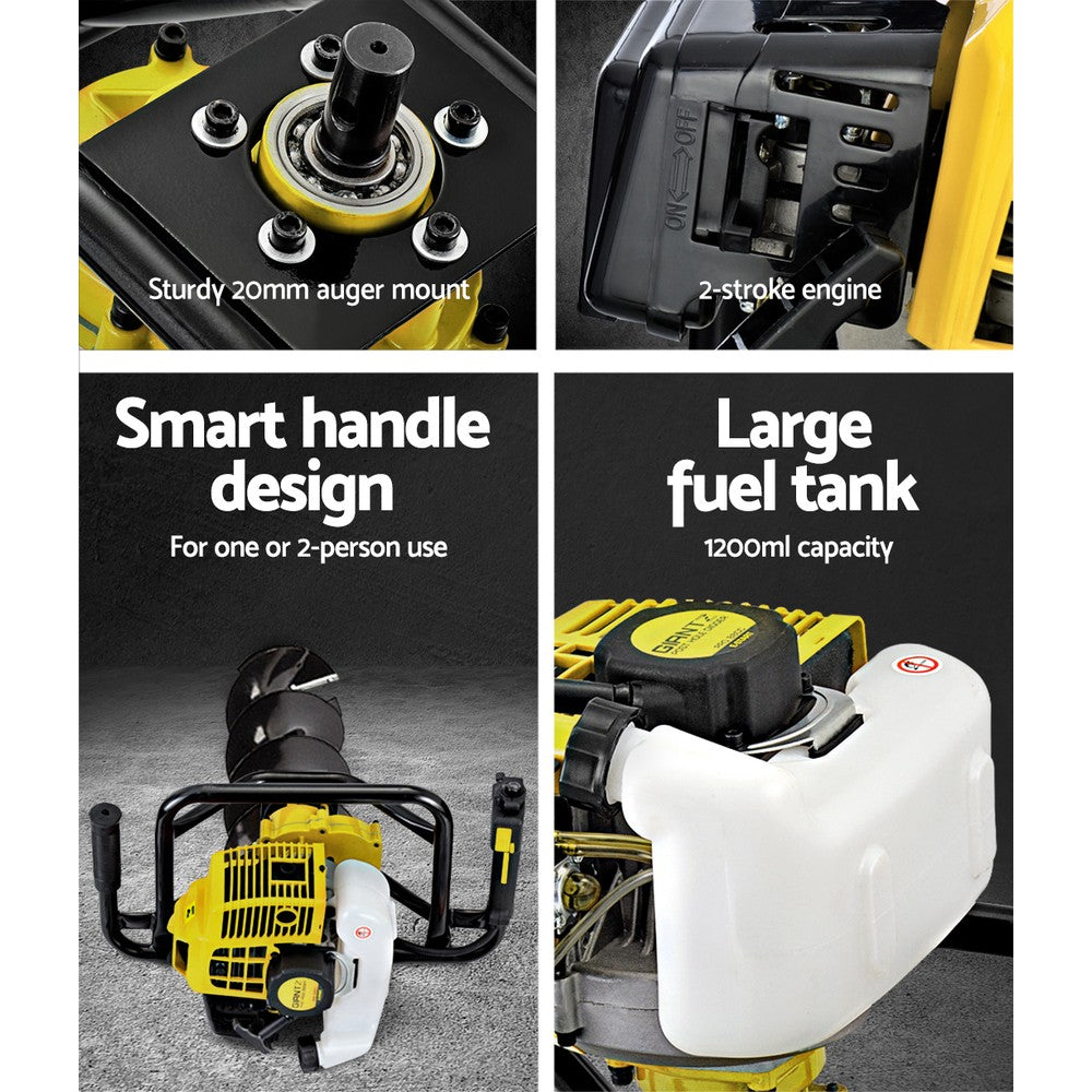 A heavy-duty, yellow and black air-cooled 2-stroke petrol engine. The image features text highlighting its "Class-leading power". The Giantz 92CC Post Hole Digger 300mm Petrol Drill Auger Extension Bits boasts a robust design with a handle for portability and various control knobs, making it an ideal choice for a Petrol Post Hole Borer.