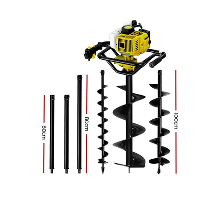 An image of the Giantz 92CC Post Hole Digger Petrol Drill Auger Extension Bits, powered by a 92cc petrol engine, shown penetrating soil to a depth of 3 meters. A circular inset displays auger bits of varying diameters: 10 cm, 20 cm, and 30 cm. Text on the left reads, "Deep digging up to 3m with extension pole." Background shows a blue sky.