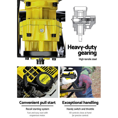 An image of the Giantz 92CC Post Hole Digger Petrol Drill Auger Extension Bits, powered by a 92cc petrol engine, shown penetrating soil to a depth of 3 meters. A circular inset displays auger bits of varying diameters: 10 cm, 20 cm, and 30 cm. Text on the left reads, "Deep digging up to 3m with extension pole." Background shows a blue sky.