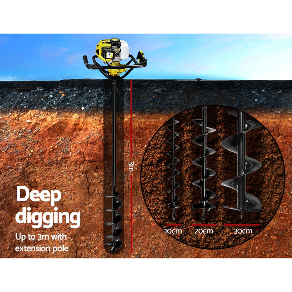 An image of the Giantz 92CC Post Hole Digger Petrol Drill Auger Extension Bits, powered by a 92cc petrol engine, shown penetrating soil to a depth of 3 meters. A circular inset displays auger bits of varying diameters: 10 cm, 20 cm, and 30 cm. Text on the left reads, "Deep digging up to 3m with extension pole." Background shows a blue sky.