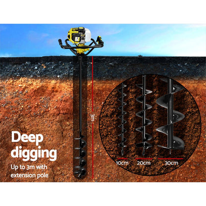 An image of the Giantz 92CC Post Hole Digger Petrol Drill Auger Extension Bits, powered by a 92cc petrol engine, shown penetrating soil to a depth of 3 meters. A circular inset displays auger bits of varying diameters: 10 cm, 20 cm, and 30 cm. Text on the left reads, "Deep digging up to 3m with extension pole." Background shows a blue sky.