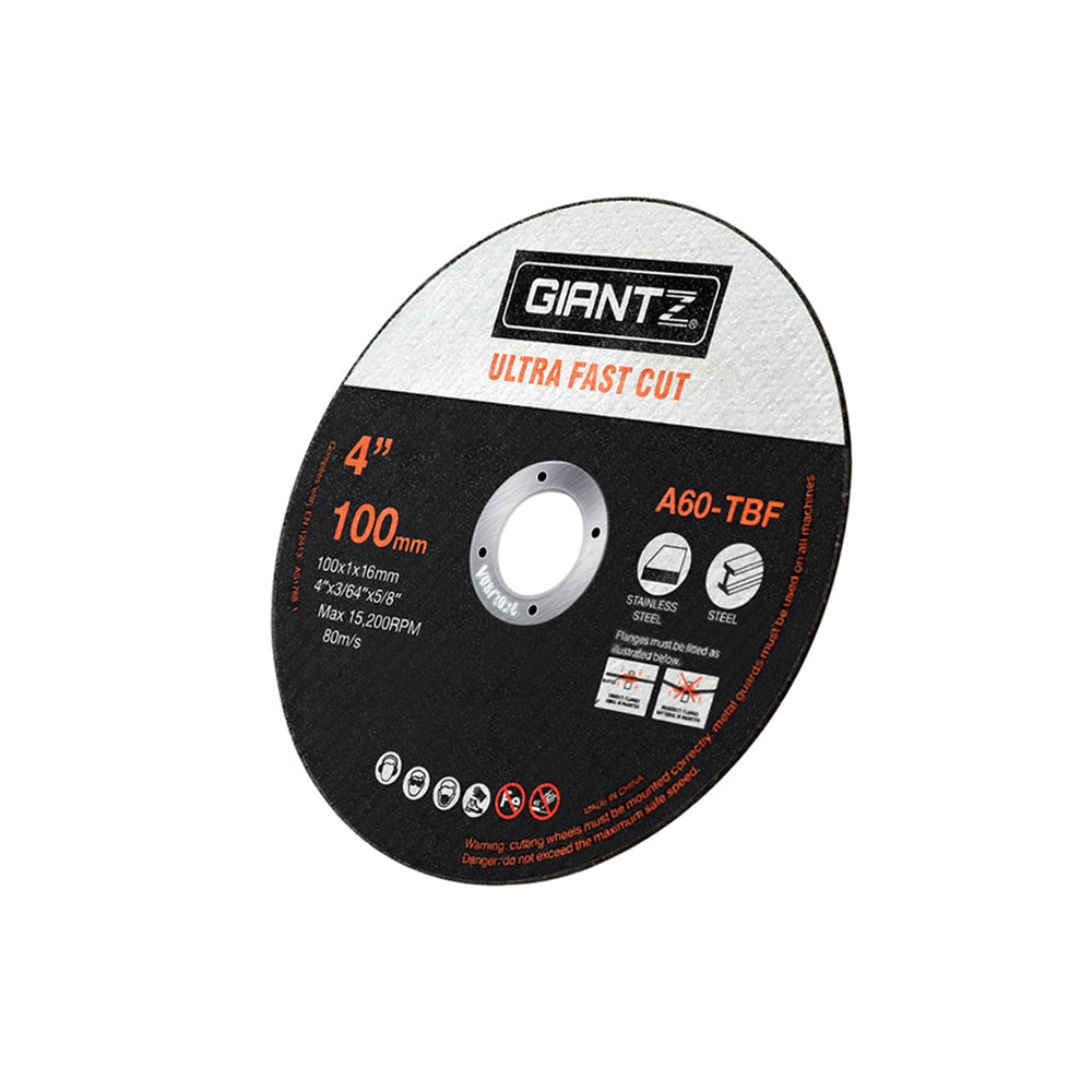 The image shows a high-quality 4-inch Giantz 100-Piece Cutting Discs 4" 100mm,Giantz 100pcs 4" Cutting Discs 100mm Angle Grinder Thin Cut Off Wheel for Metal. The disc, ideal for stainless steel cutting, is labeled 100mm with product code A60-TBF. It features black with red and white graphics, along with safety icons and warnings.