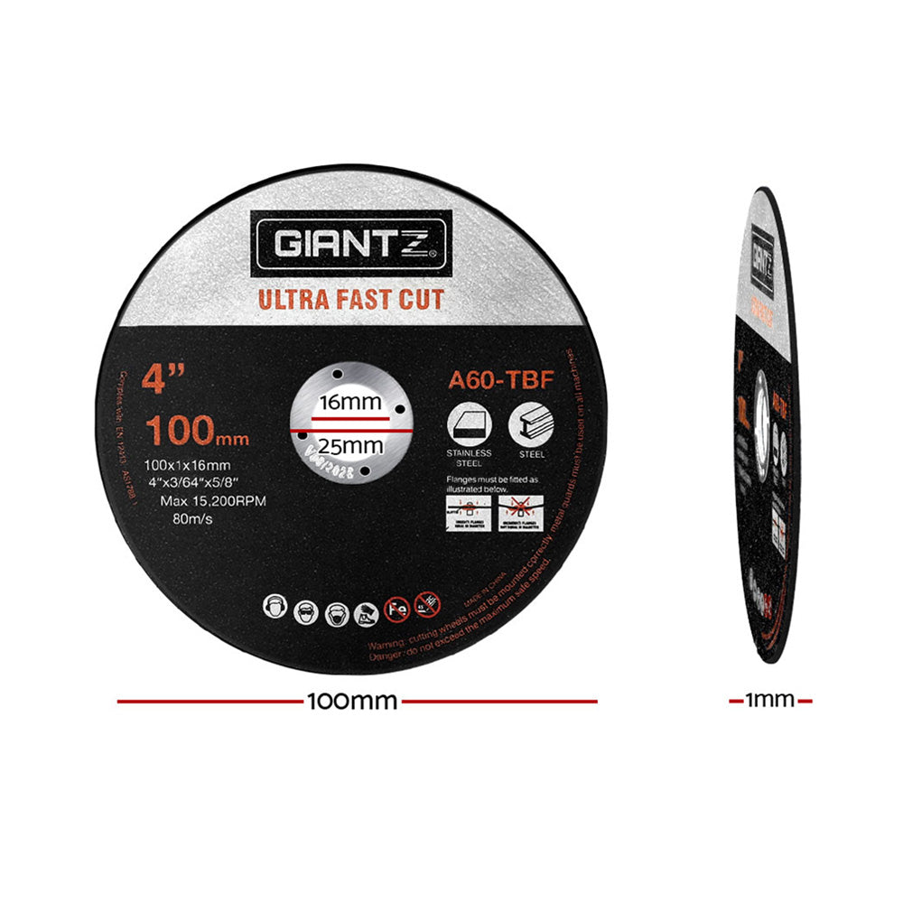 The image shows a high-quality 4-inch Giantz 100-Piece Cutting Discs 4" 100mm,Giantz 100pcs 4" Cutting Discs 100mm Angle Grinder Thin Cut Off Wheel for Metal. The disc, ideal for stainless steel cutting, is labeled 100mm with product code A60-TBF. It features black with red and white graphics, along with safety icons and warnings.