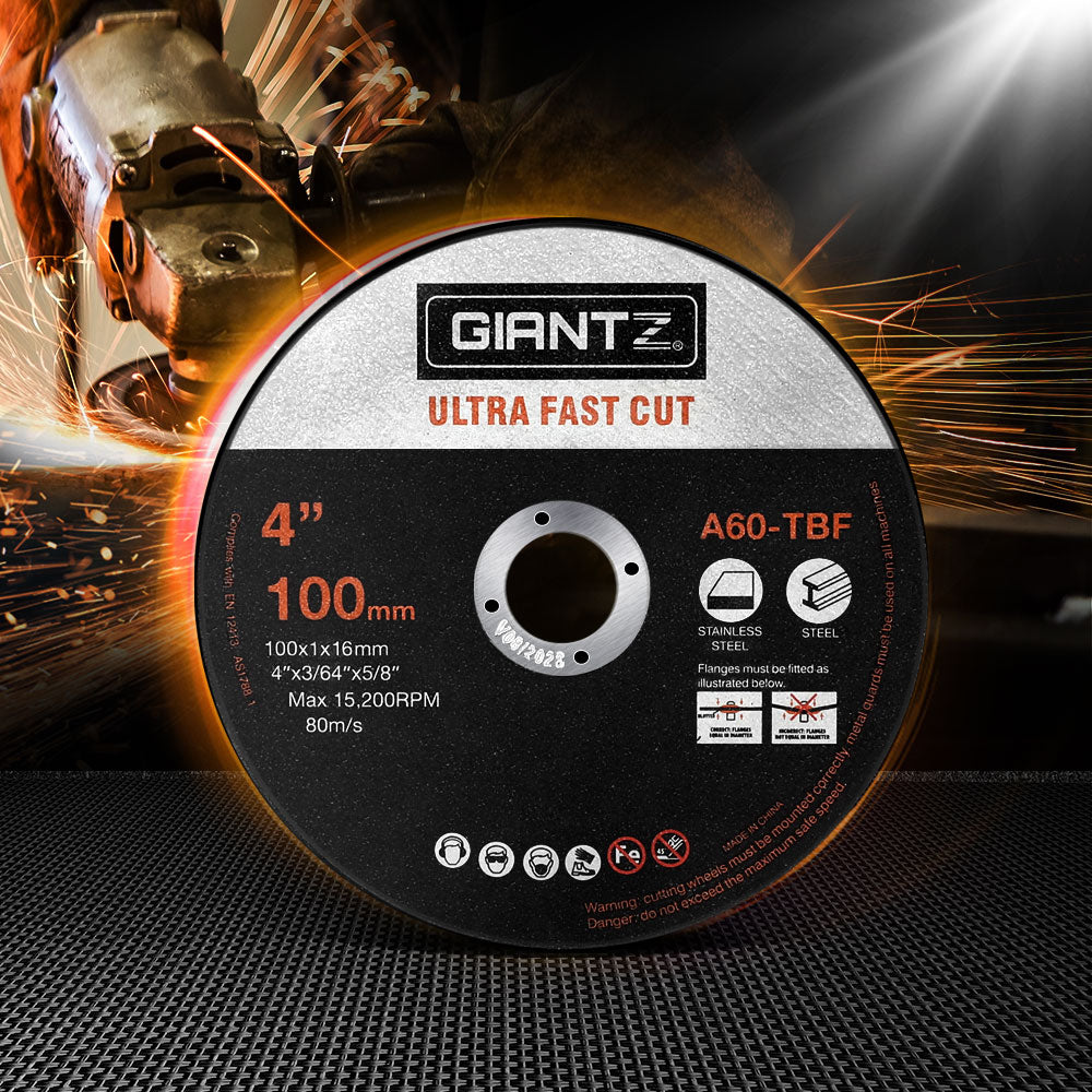 The image shows a high-quality 4-inch Giantz 100-Piece Cutting Discs 4" 100mm,Giantz 100pcs 4" Cutting Discs 100mm Angle Grinder Thin Cut Off Wheel for Metal. The disc, ideal for stainless steel cutting, is labeled 100mm with product code A60-TBF. It features black with red and white graphics, along with safety icons and warnings.