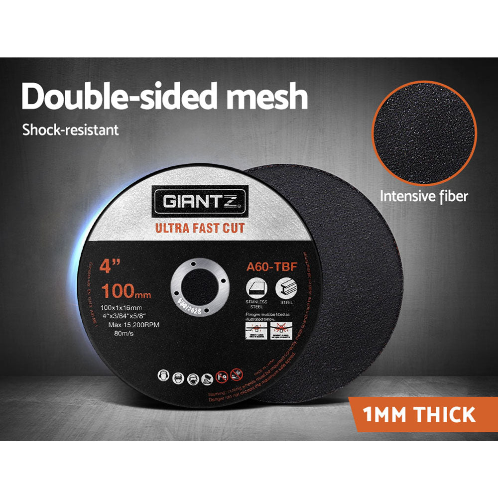 Image of a Giantz 200-Piece Cutting Discs 4" 100mm, Giantz 200pcs 4" Cutting Discs 100mm Angle Grinder Thin Cut Off Wheel for Metal. The disc, ideal for stainless steel cutting, is black with an orange stripe and white text detailing its dimensions (4 inches, 100mm, 100x1.6x16mm). Max RPM is 15,200 and speed is 80 m/s. Various safety icons are visible.
