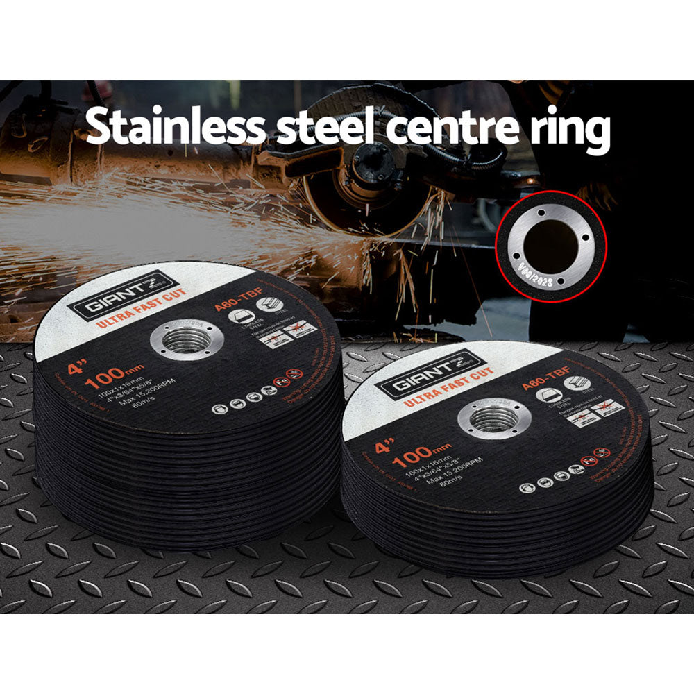 Image of a Giantz 200-Piece Cutting Discs 4" 100mm, Giantz 200pcs 4" Cutting Discs 100mm Angle Grinder Thin Cut Off Wheel for Metal. The disc, ideal for stainless steel cutting, is black with an orange stripe and white text detailing its dimensions (4 inches, 100mm, 100x1.6x16mm). Max RPM is 15,200 and speed is 80 m/s. Various safety icons are visible.
