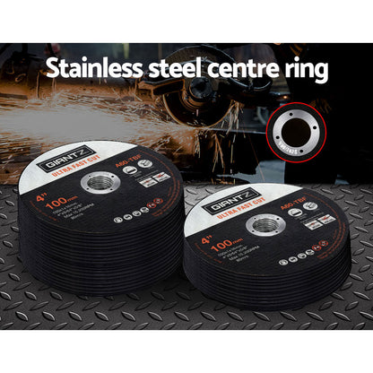 Image of a Giantz 200-Piece Cutting Discs 4" 100mm, Giantz 200pcs 4" Cutting Discs 100mm Angle Grinder Thin Cut Off Wheel for Metal. The disc, ideal for stainless steel cutting, is black with an orange stripe and white text detailing its dimensions (4 inches, 100mm, 100x1.6x16mm). Max RPM is 15,200 and speed is 80 m/s. Various safety icons are visible.
