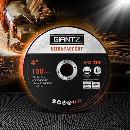 Image of a Giantz 200-Piece Cutting Discs 4" 100mm, Giantz 200pcs 4" Cutting Discs 100mm Angle Grinder Thin Cut Off Wheel for Metal. The disc, ideal for stainless steel cutting, is black with an orange stripe and white text detailing its dimensions (4 inches, 100mm, 100x1.6x16mm). Max RPM is 15,200 and speed is 80 m/s. Various safety icons are visible.
