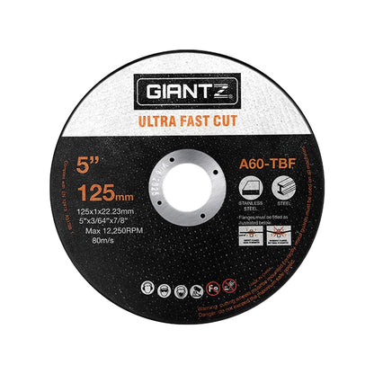 An abrasive cutting disc labeled "Giantz 100-Piece Cutting Discs 5" 125mm, Giantz 100pcs 5" Cutting Discs 125mm Angle Grinder Thin Cut Off Wheel for Metal" for stainless steel and steel, ideal for angle grinders. It is 5 inches (125mm) in diameter with a 22.23mm bore size, a maximum speed of 12,250 RPM and 80 m/s speed. The model number is A60-TBF. Various safety icons are present.