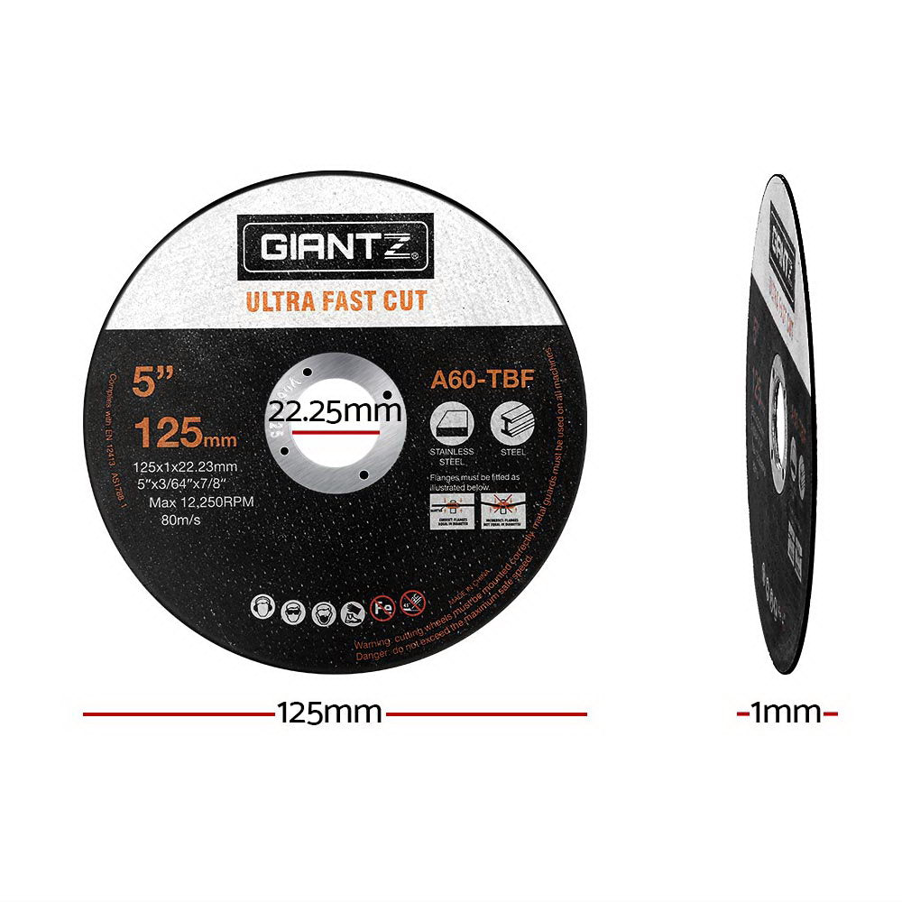 An abrasive cutting disc labeled "Giantz 100-Piece Cutting Discs 5" 125mm, Giantz 100pcs 5" Cutting Discs 125mm Angle Grinder Thin Cut Off Wheel for Metal" for stainless steel and steel, ideal for angle grinders. It is 5 inches (125mm) in diameter with a 22.23mm bore size, a maximum speed of 12,250 RPM and 80 m/s speed. The model number is A60-TBF. Various safety icons are present.