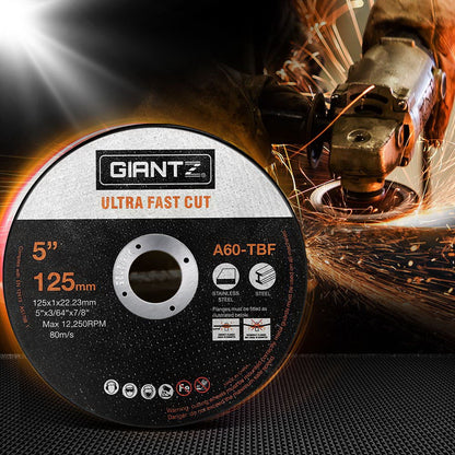 An abrasive cutting disc labeled "Giantz 100-Piece Cutting Discs 5" 125mm, Giantz 100pcs 5" Cutting Discs 125mm Angle Grinder Thin Cut Off Wheel for Metal" for stainless steel and steel, ideal for angle grinders. It is 5 inches (125mm) in diameter with a 22.23mm bore size, a maximum speed of 12,250 RPM and 80 m/s speed. The model number is A60-TBF. Various safety icons are present.