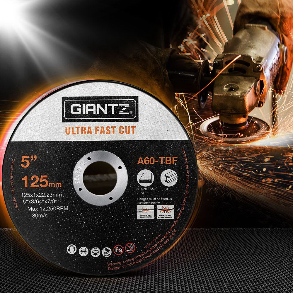 A black and orange abrasive cutting disc labeled "Giantz 200-Piece Cutting Discs 5" 125mm, Giantz 200pcs 5" Cutting Discs 125mm Angle Grinder Thin Cut Off Wheel for Metal." It has specifications for a 5-inch (125mm) diameter with a 22.23mm bore and a maximum speed of 12,250 RPM. These ultra-thin discs are suitable for cutting stainless steel and metal.