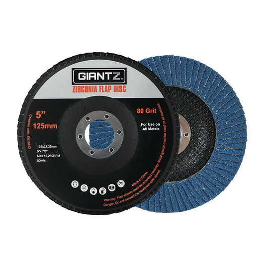 Two Giantz 100 PCS Zirconia Sanding Flap Disc 5" 125mm 80 Grit Angle Grinding Wheel made with high-quality zirconium oxide feature blue abrasive flaps. One disc lies flat, displaying "80 Grit," "For Use on All Metals," and specifications, while the other is angled to reveal its flap layers, perfect for use with angle grinders.