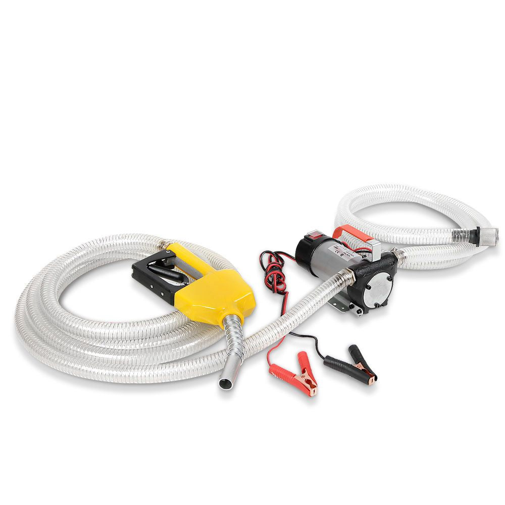 A Giantz 12V Diesel Transfer Pump Extractor Oil Fuel Electric Bowser Auto Display featuring coiled clear hoses, a high performance yellow fuel nozzle, red and black battery clamps, and a compact 12V DC motor. The diesel/oil pump setup ensures efficient transferring of fuel from one container to another.