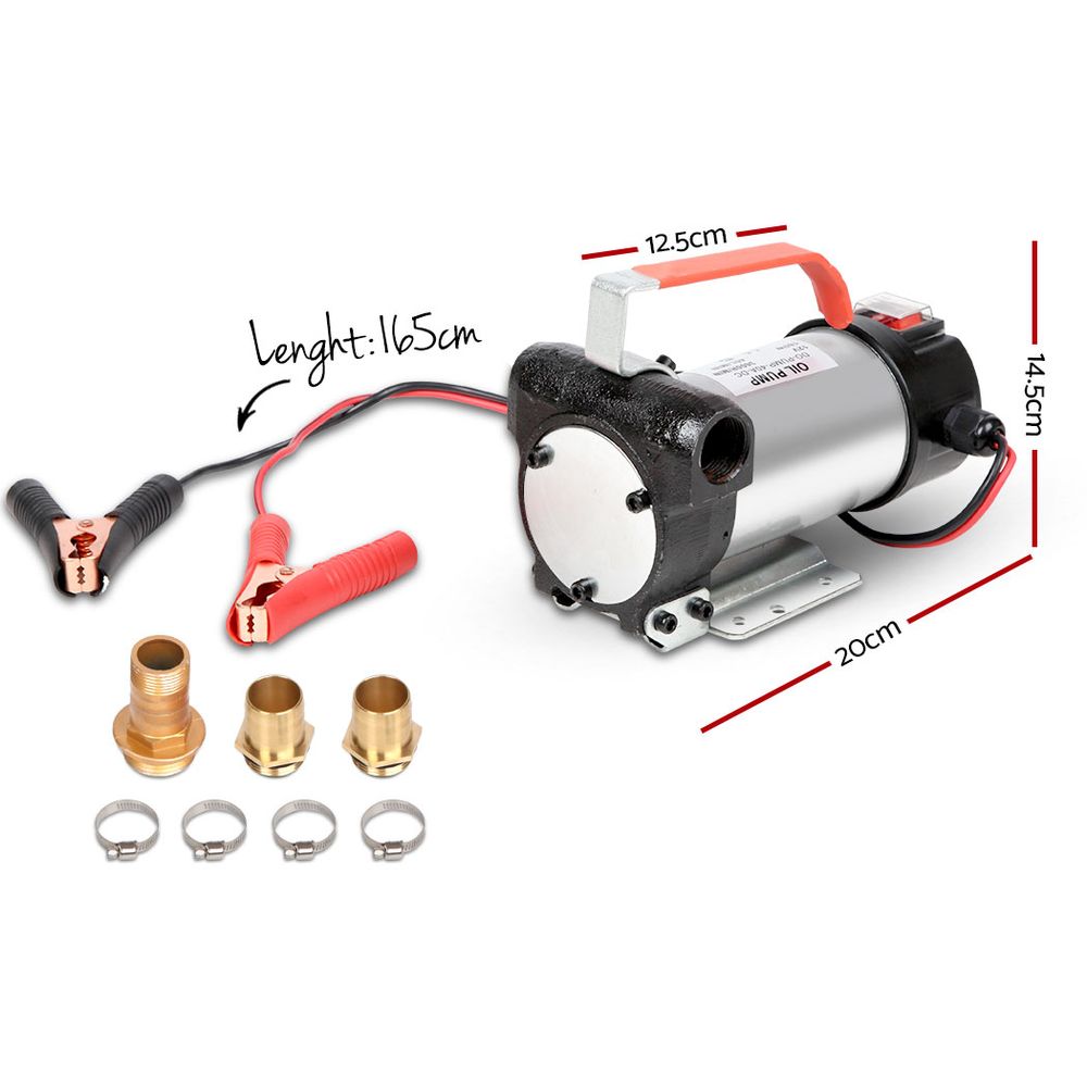 A Giantz 12V Diesel Transfer Pump Extractor Oil Fuel Electric Bowser Auto Display featuring coiled clear hoses, a high performance yellow fuel nozzle, red and black battery clamps, and a compact 12V DC motor. The diesel/oil pump setup ensures efficient transferring of fuel from one container to another.