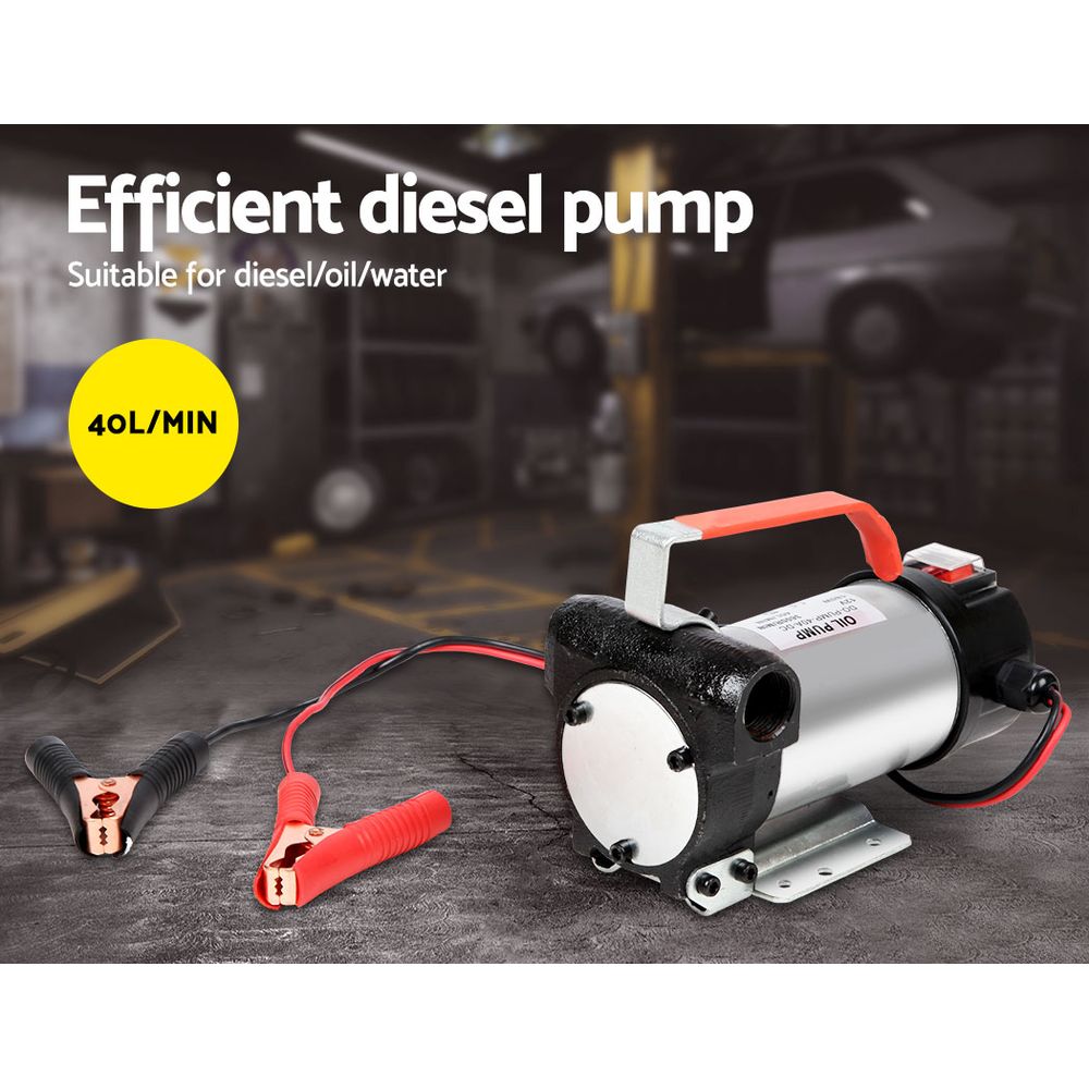 A Giantz 12V Diesel Transfer Pump Extractor Oil Fuel Electric Bowser Auto Display featuring coiled clear hoses, a high performance yellow fuel nozzle, red and black battery clamps, and a compact 12V DC motor. The diesel/oil pump setup ensures efficient transferring of fuel from one container to another.