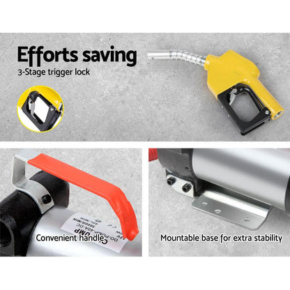 A Giantz 12V Diesel Transfer Pump Extractor Oil Fuel Electric Bowser Auto Display featuring coiled clear hoses, a high performance yellow fuel nozzle, red and black battery clamps, and a compact 12V DC motor. The diesel/oil pump setup ensures efficient transferring of fuel from one container to another.