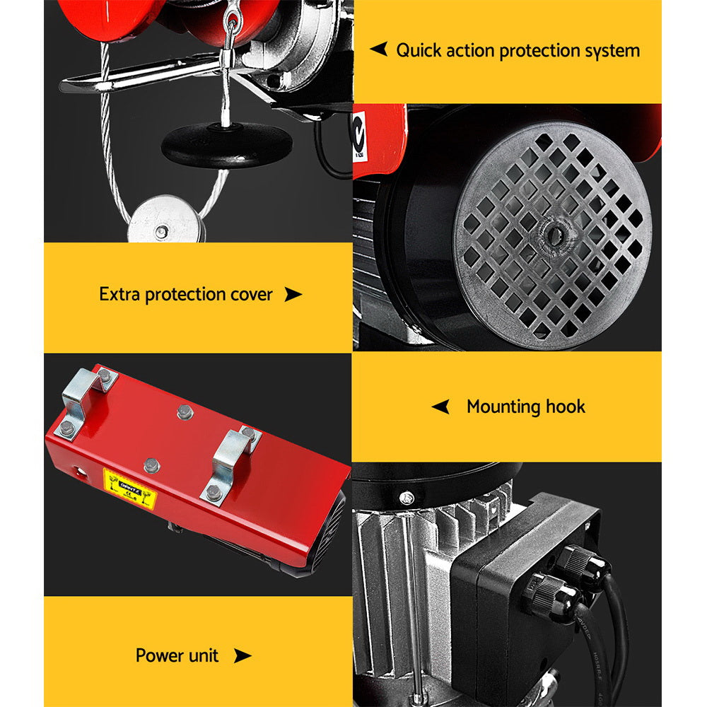 A red and silver electric hoist with a steel cable and hook, featuring a hand-held yellow remote control. The Giantz Electric Hoist Winch 300/600KG Cable 18M Rope Tool Remote Chain Lifting, boasting a 600KG capacity and 1200W power, is mounted on a metal beam. It is designed for lifting heavy objects effortlessly.