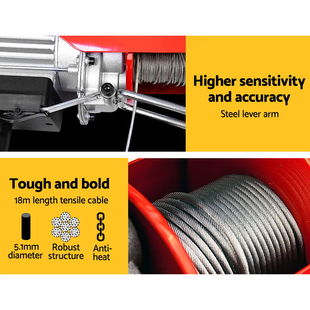 Giantz Electric Hoist Winch 400/800KG Cable 20M Rope Tool Remote Chain Lifting with a red housing and a yellow control panel. The metallic hook and cable are visible below the hoist. The brand name "GIANTZ" is displayed prominently on the side along with weight limits of 125kg and 250kg, featuring single and double rope lifting for versatile use.