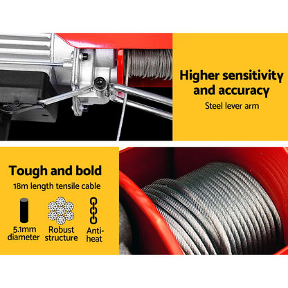 Giantz Electric Hoist Winch 400/800KG Cable 20M Rope Tool Remote Chain Lifting with a red housing and a yellow control panel. The metallic hook and cable are visible below the hoist. The brand name "GIANTZ" is displayed prominently on the side along with weight limits of 125kg and 250kg, featuring single and double rope lifting for versatile use.