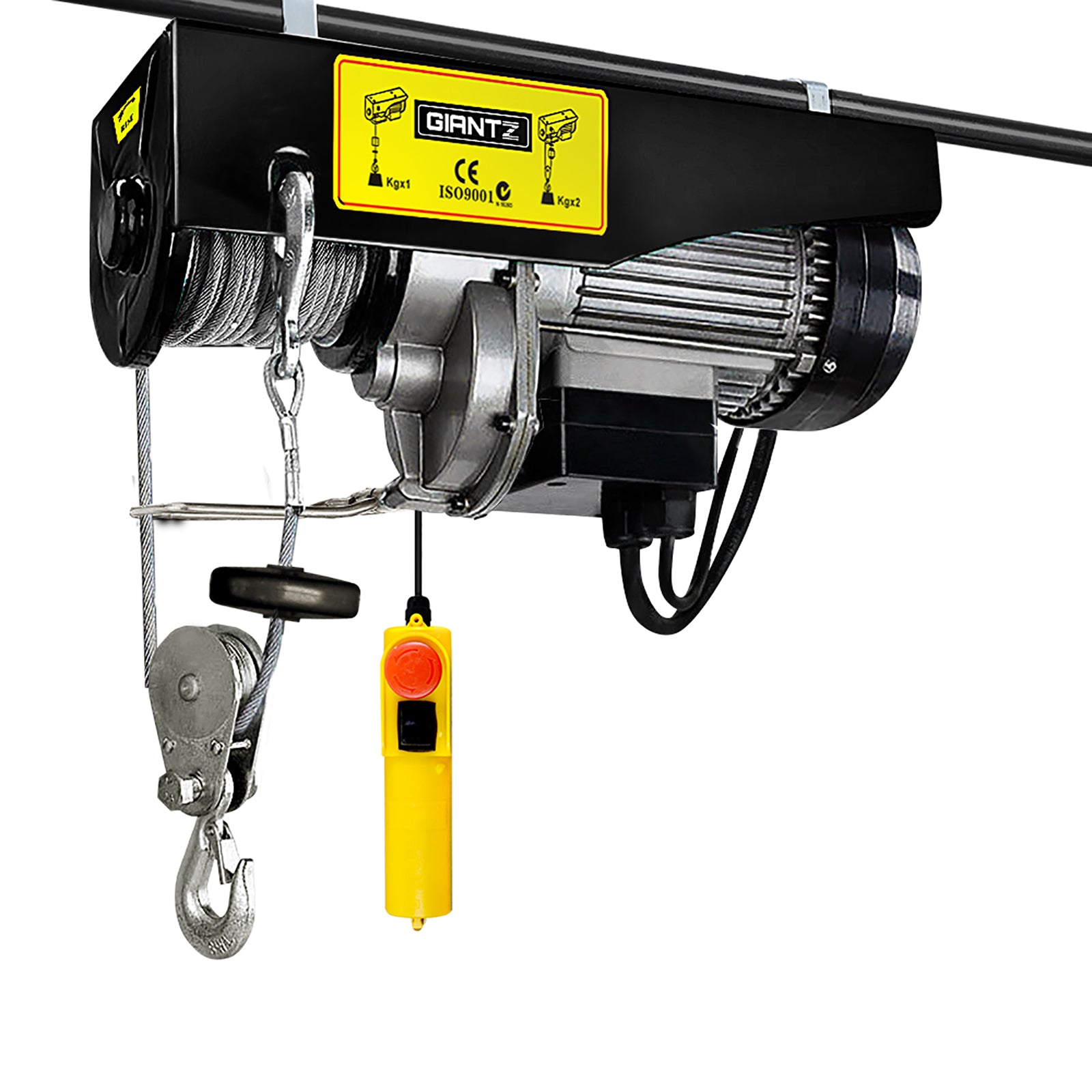 A comparison of two hoists, one labeled "Giantz Electric Hoist Winch 500/1000KG Cable 20M Rope Tool Remote Chain Lifting" and the other "Single-line, 20m rope length, 500KG capacity." Both hoists have yellow control handles hanging below for easy maneuvering of heavy loads. Ideal for various lifting tasks.