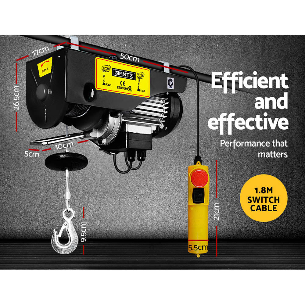 A comparison of two hoists, one labeled "Giantz Electric Hoist Winch 500/1000KG Cable 20M Rope Tool Remote Chain Lifting" and the other "Single-line, 20m rope length, 500KG capacity." Both hoists have yellow control handles hanging below for easy maneuvering of heavy loads. Ideal for various lifting tasks.