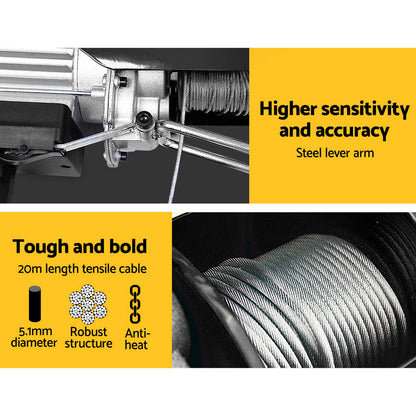 A comparison of two hoists, one labeled "Giantz Electric Hoist Winch 500/1000KG Cable 20M Rope Tool Remote Chain Lifting" and the other "Single-line, 20m rope length, 500KG capacity." Both hoists have yellow control handles hanging below for easy maneuvering of heavy loads. Ideal for various lifting tasks.